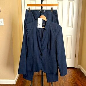 Zara tailored plaid blazer and cigarette pant set.